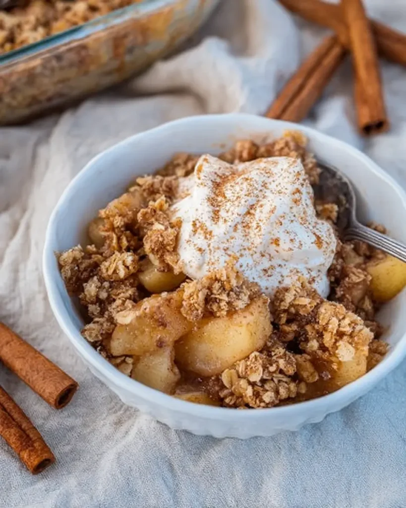 Pioneer Woman Apple Crisp Recipe – Warm, Sweet, and Buttery 13 Serving of Pioneer Woman Apple Crisp in a white bowl with whipped cream and cinnamon.