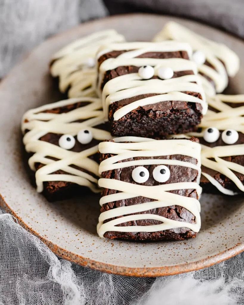 Mummy Brownies – Easy Halloween Treats 13 Plate of Halloween mummy brownies with white chocolate drizzle and candy eyeball decorations.