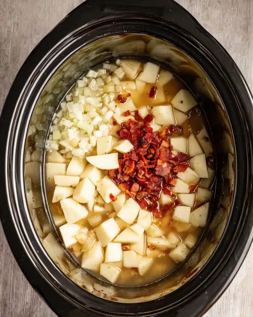 Creamy Potato Soup Recipe – Quick, Easy, and Comforting 12 Slow cooker with potatoes, bacon, onions, garlic, and broth ready for potato soup.