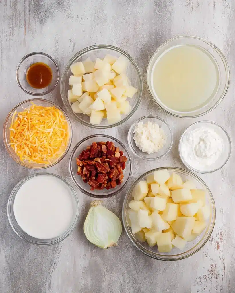 Creamy Potato Soup Recipe – Quick, Easy, and Comforting 11 Overhead view of potato soup ingredients including cubed potatoes, cheese, bacon, onion, broth, milk, and seasonings in glass bowls.