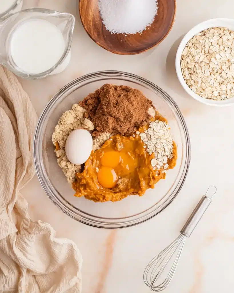 Glass bowl filled with pumpkin puree, brown sugar, eggs, and spices for pumpkin baked oatmeal on a marble countertop