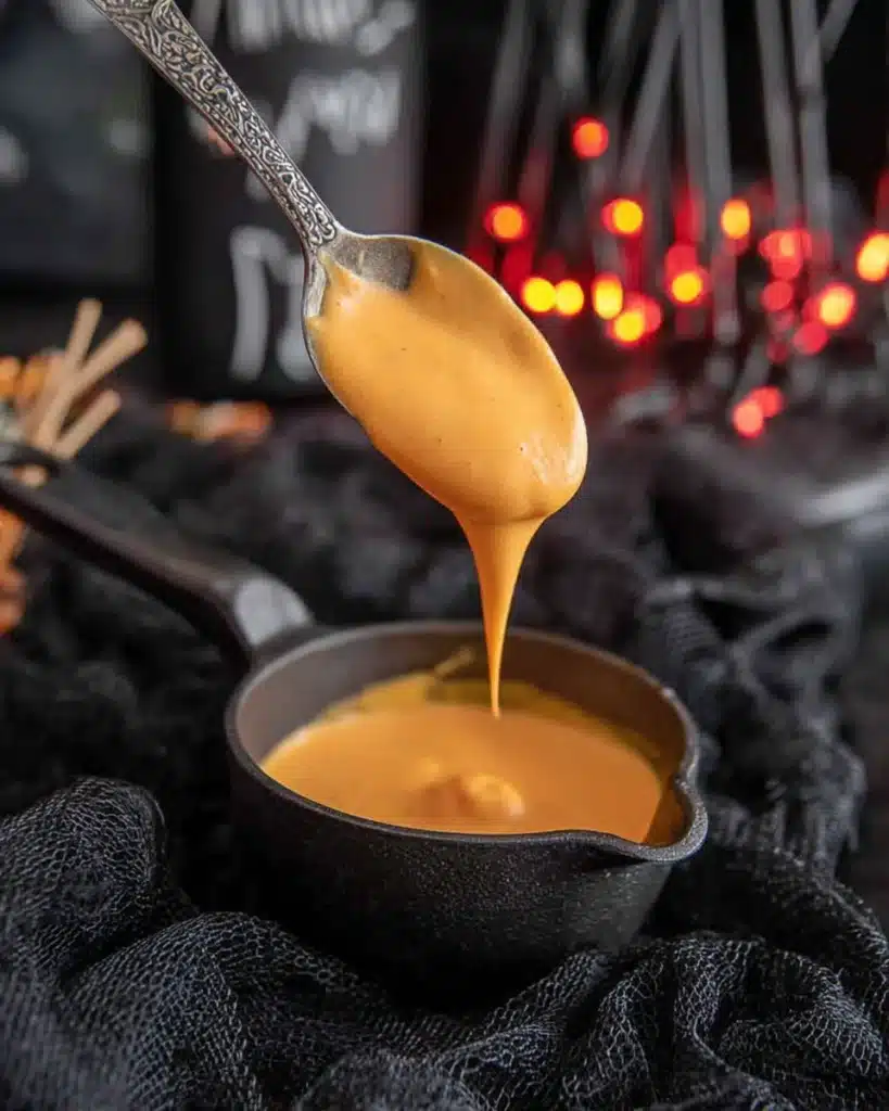 Halloween Pumpkin Ale Mac and Cheese – A Spooky Twist on Comfort Food 11 Creamy pumpkin-orange cheese sauce dripping from a silver spoon into a black pot with black pasta in the background.
