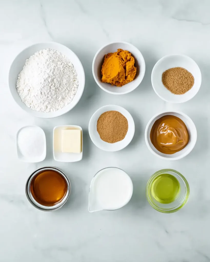 Pumpkin Coffee Cake – Soft, Spiced, and Perfect for Fall 12 Top view of pumpkin coffee cake ingredients in white bowls on a marble background