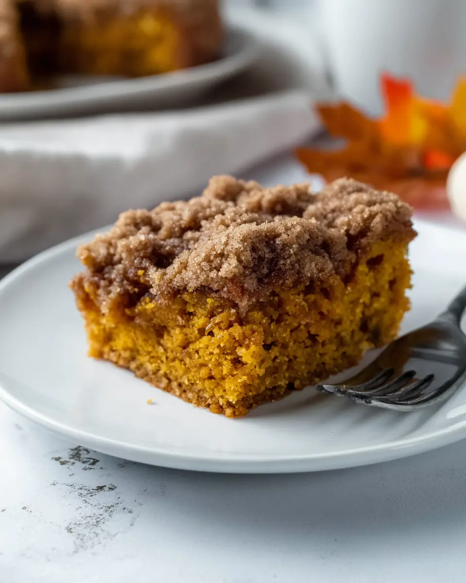 Pumpkin Coffee Cake – Soft, Spiced, and Perfect for Fall 5 A moist slice of pumpkin coffee cake with a cinnamon crumb topping on a white plate, perfect for fall.