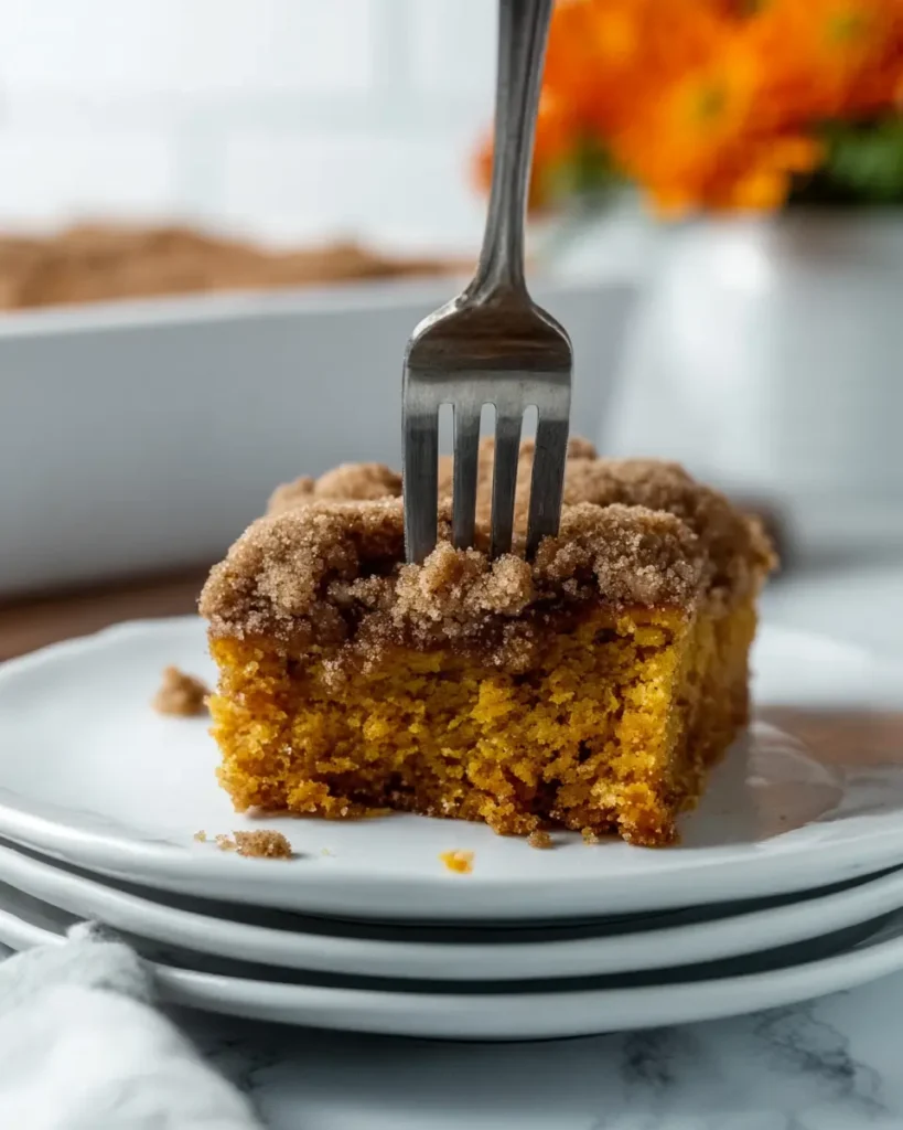 Pumpkin Coffee Cake – Soft, Spiced, and Perfect for Fall 11 Close-up of a fork slicing into a piece of moist pumpkin coffee cake on a white plate
