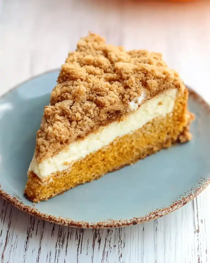 Pumpkin Cream Cheese Crumb Cake for Cozy Fall Baking 10 Slice of pumpkin cream cheese crumb cake with streusel topping on a plate