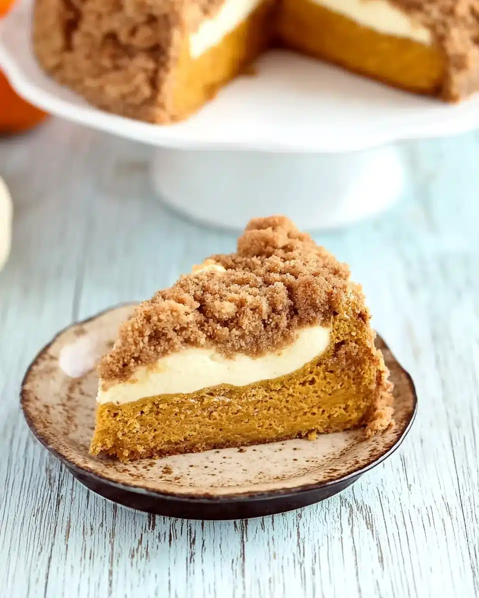 Pumpkin Cream Cheese Crumb Cake for Cozy Fall Baking 4 Slice of pumpkin cream cheese crumb cake with streusel topping on a white plate