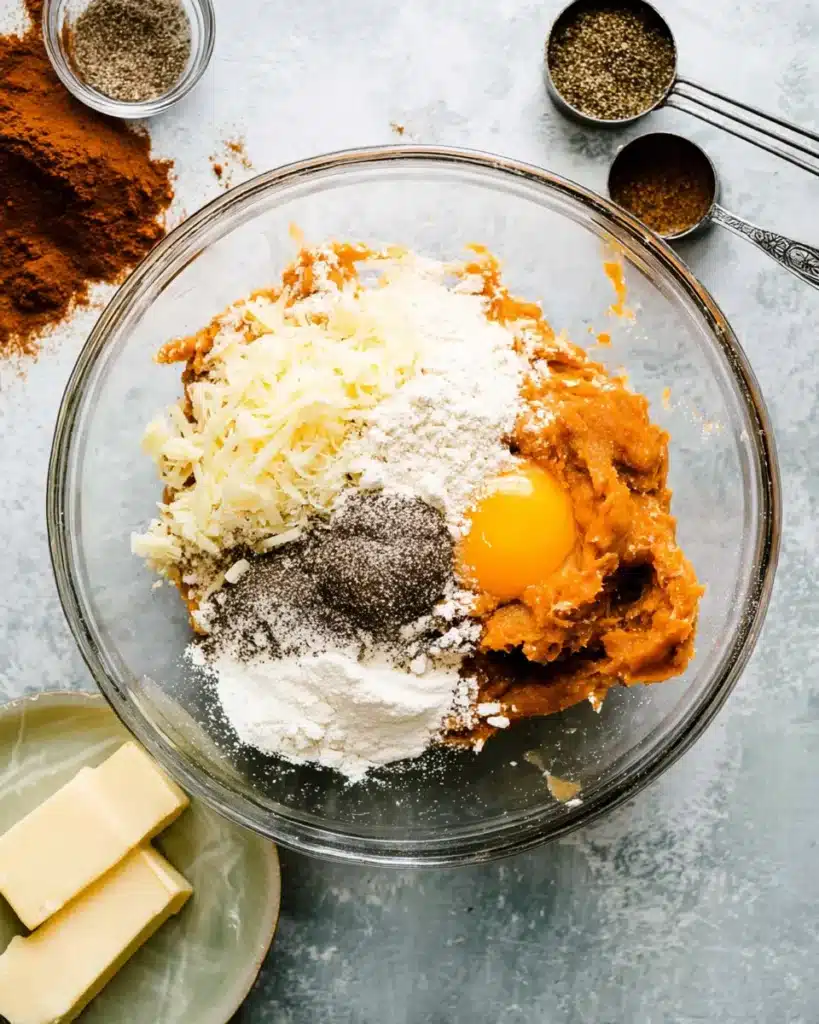 Chicken and Pumpkin Dumplings – A Deliciously Cozy Fall Favorite 10 Overhead shot of pumpkin dumpling ingredients in a glass bowl, including egg, flour, butter, and spices