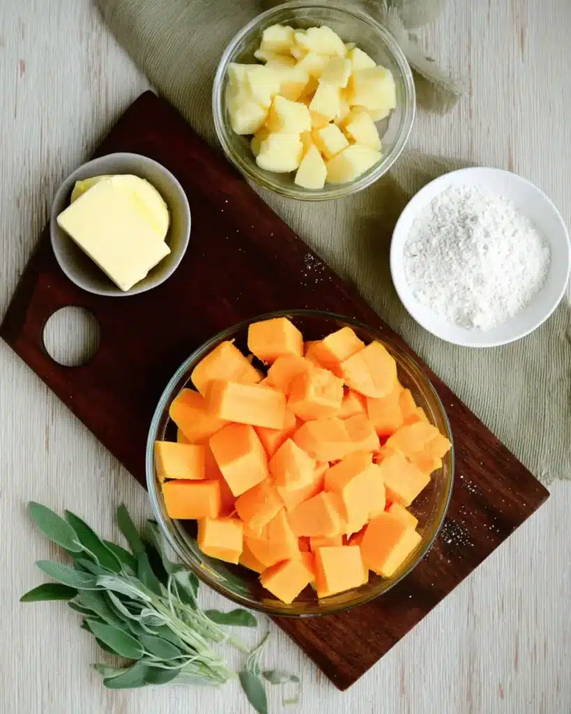 Flat lay of raw pumpkin gnocchi ingredients including pumpkin, potato, flour, sage, and vegan butter