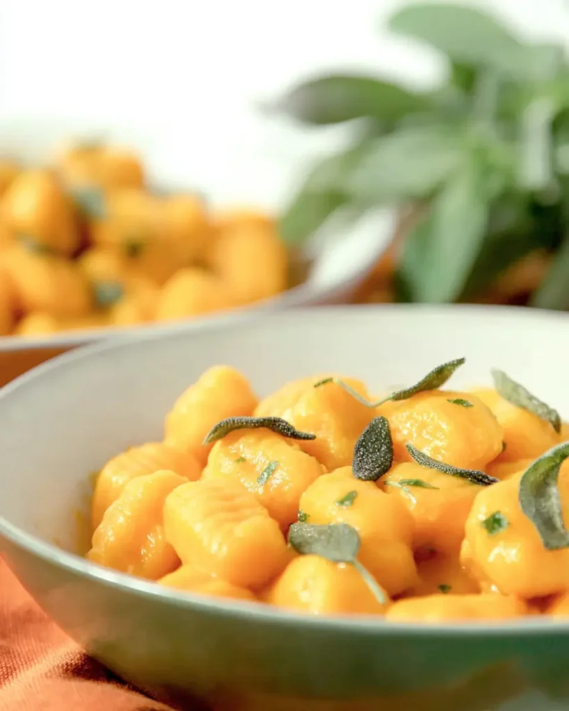 Close-up of pumpkin gnocchi with crispy sage in a green bowl on a cozy fall background