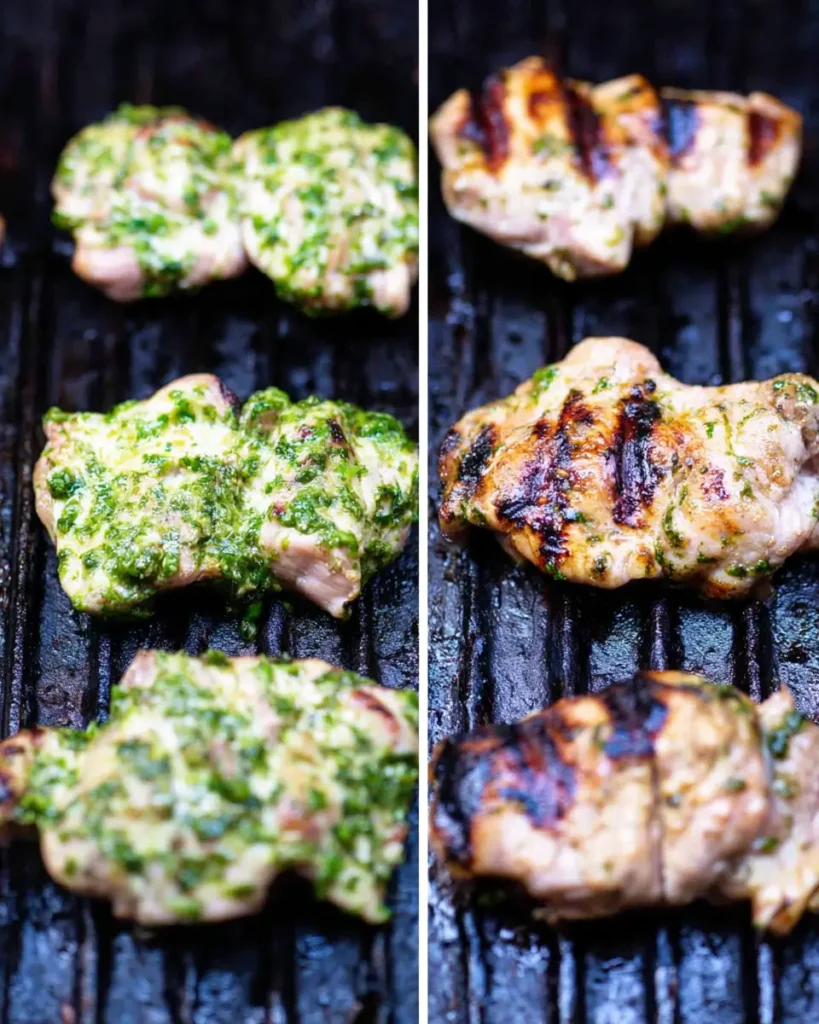 Before and after grilling chimichurri chicken thighs on cast iron grates

