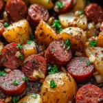 Close-up of roasted kielbasa and potatoes with herbs, crispy edges, and golden roasted skins on a rustic table.