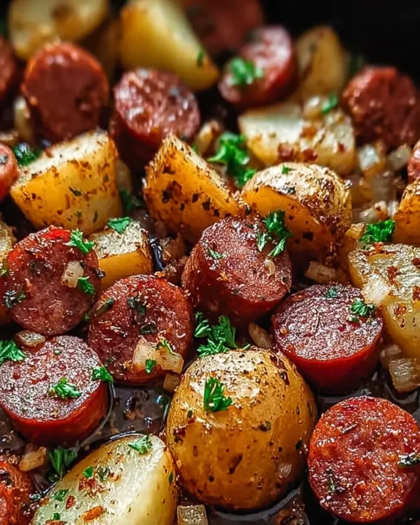 Close-up of roasted kielbasa and potatoes with herbs, crispy edges, and golden roasted skins on a rustic table.