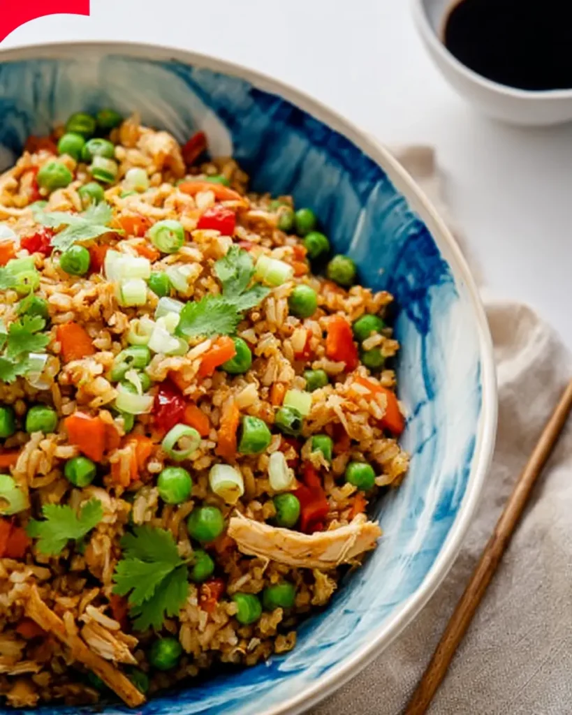 70+ Easy Rotisserie Chicken Recipes for Fast, Flavorful Weeknight Meals 8 Colorful chicken fried rice bowl with peas, carrots, scallions, and soy glaze in a ceramic dish