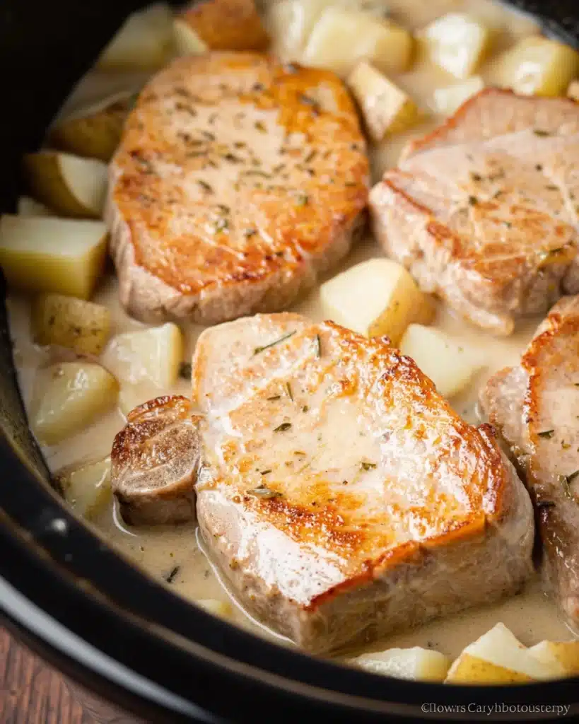 Golden-seared pork chops with diced potatoes in creamy sauce inside slow cooker.