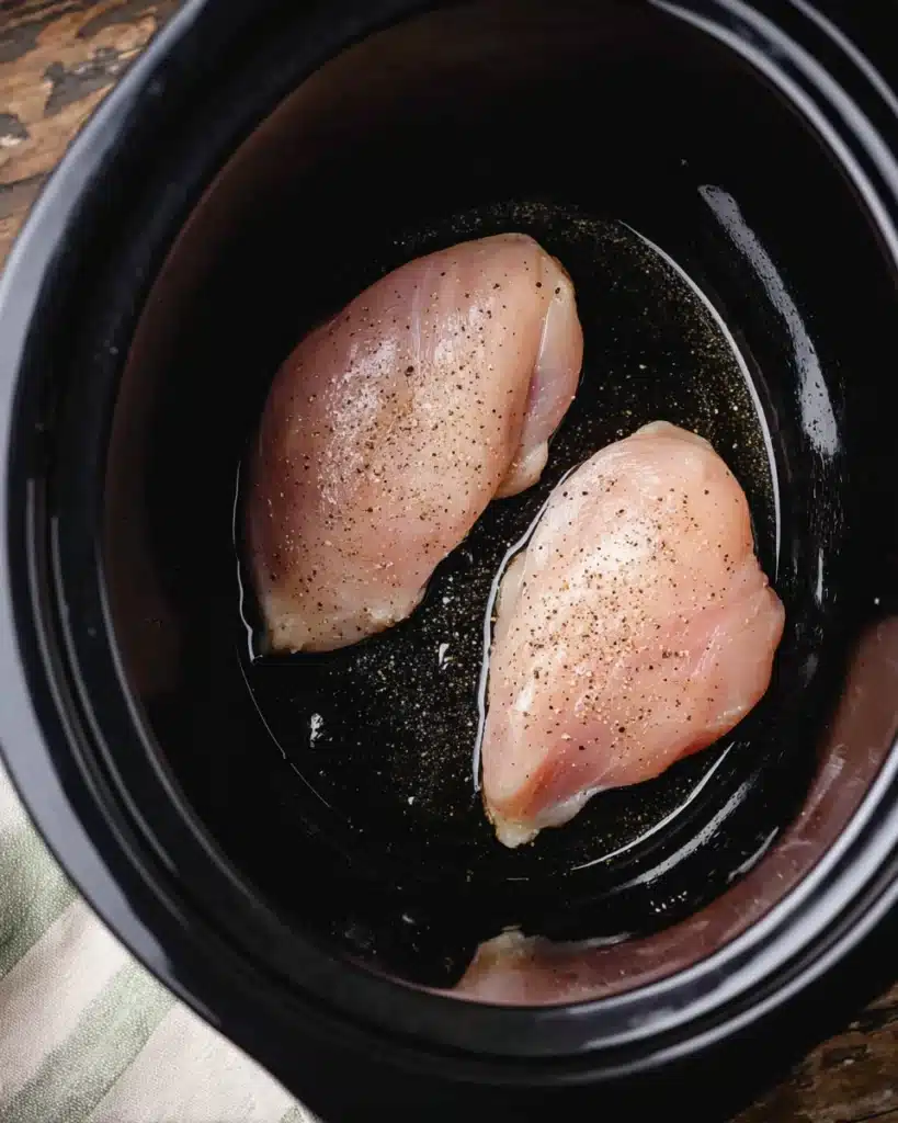 Crockpot Garlic Parmesan Chicken Pasta That's Creamy and Comforting 14 Raw boneless skinless chicken breasts seasoned with salt and pepper inside a black slow cooker.