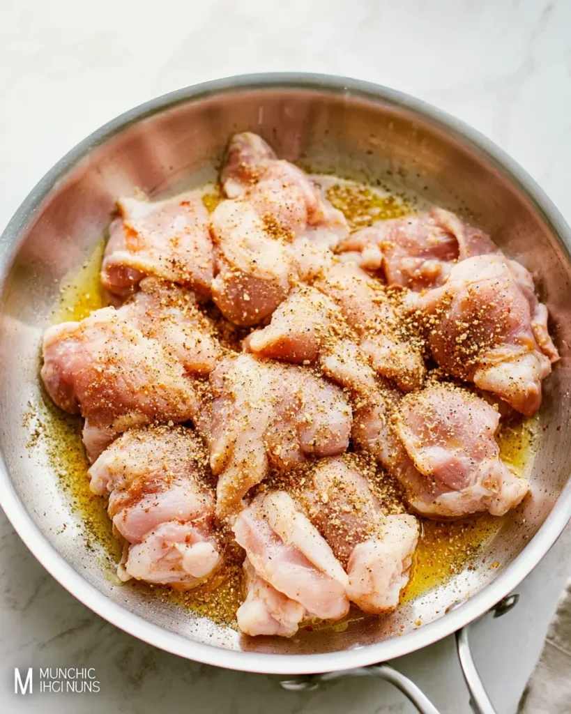 Creamy Oven Baked Chicken Thighs – Easy Comfort Food 10 Raw chicken thighs seasoned with spices and sizzling in butter inside a stainless steel skillet
