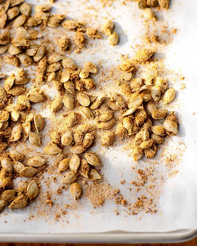 Crispy Pumpkin Seeds – Easy Air Fryer Recipe 10 Seasoned raw pumpkin seeds on parchment-lined baking sheet