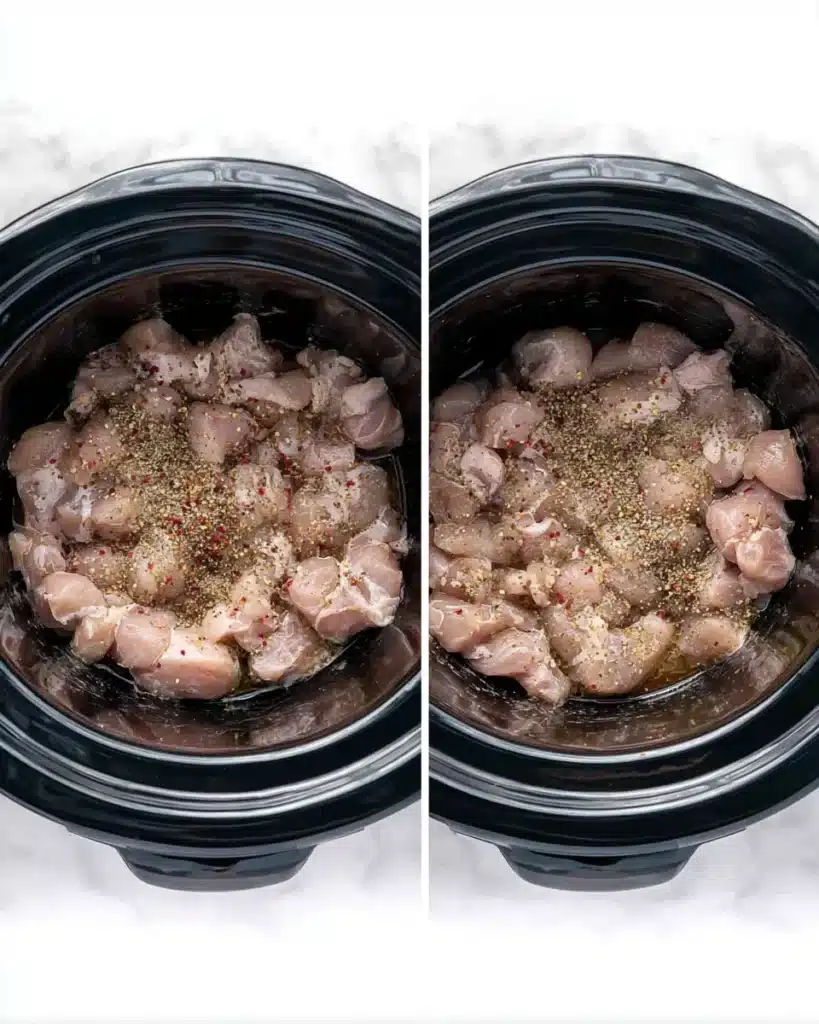 Creamy Tuscan Chicken Orzo – A Wonderful Slow Cooker Dinner 10 Raw cubed chicken seasoned with herbs in a black slow cooker insert before and after stirring