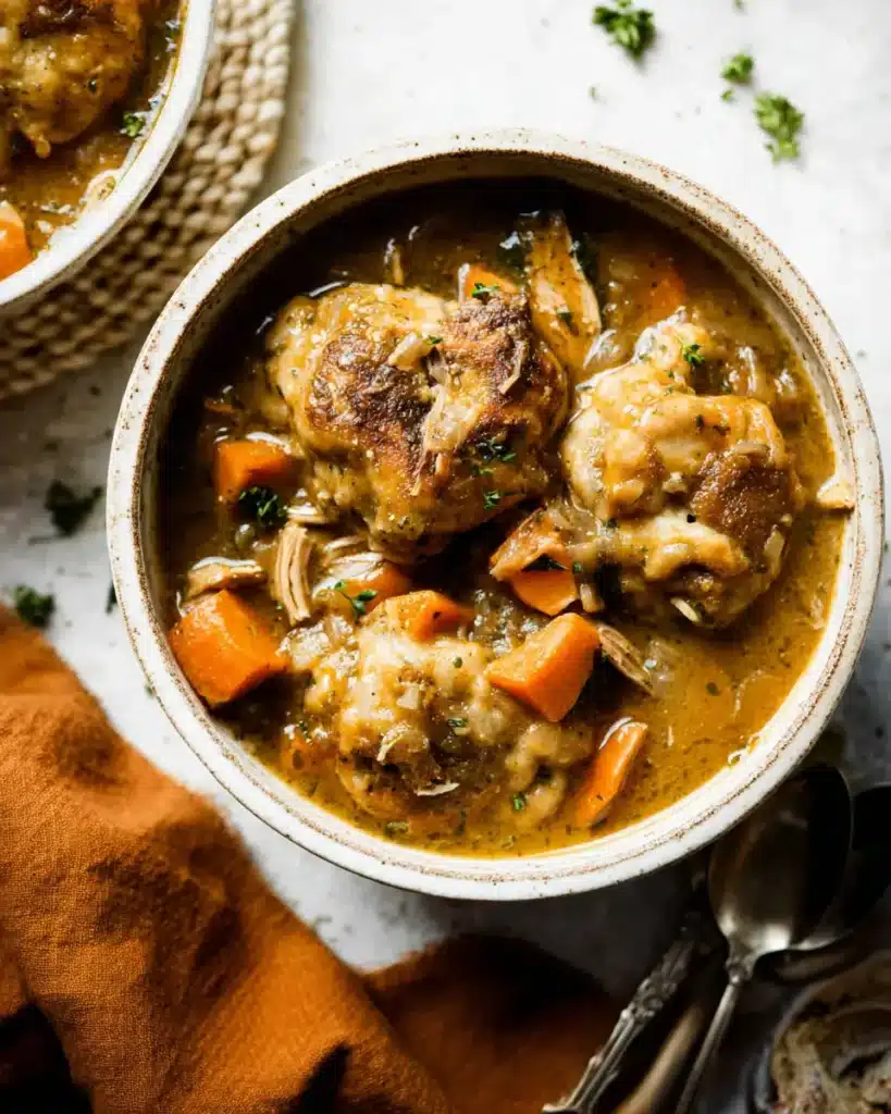 Chicken and Pumpkin Dumplings – A Deliciously Cozy Fall Favorite 12 Bowl of chicken and pumpkin dumplings with carrots and herbs in thick golden broth