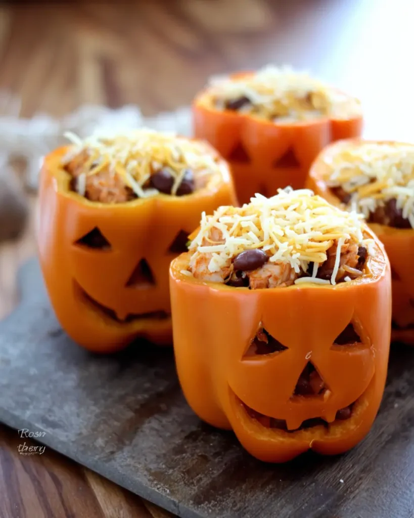 Halloween stuffed peppers carved like jack-o-lanterns and filled with shredded chicken, rice, beans, and cheese on a rustic surface.