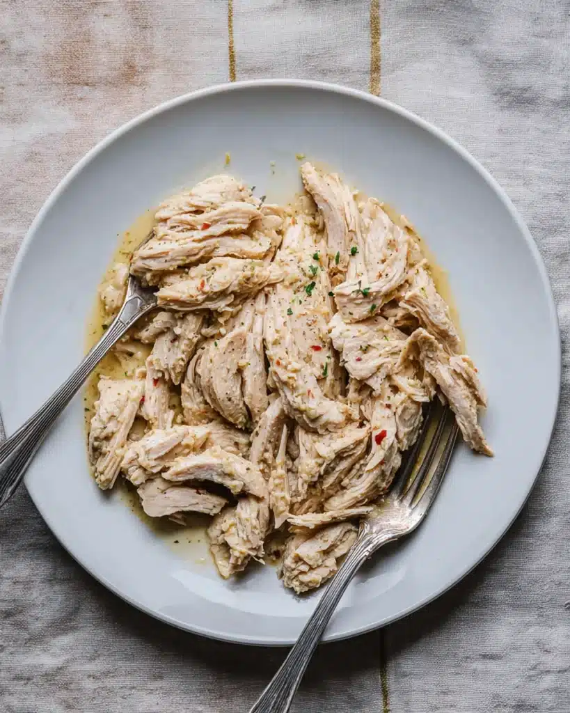 Crockpot Garlic Parmesan Chicken Pasta That's Creamy and Comforting 13 Tender shredded chicken coated in creamy parmesan garlic sauce on a white plate with forks.