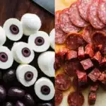 Skewered Salami Eyeballs ingredients with mozzarella balls, olives, and sliced salami on cutting board