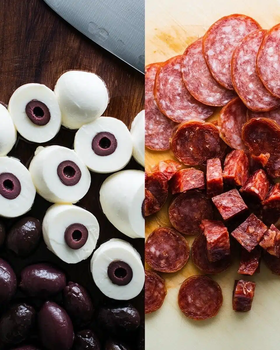 Skewered Salami Eyeballs ingredients with mozzarella balls, olives, and sliced salami on cutting board