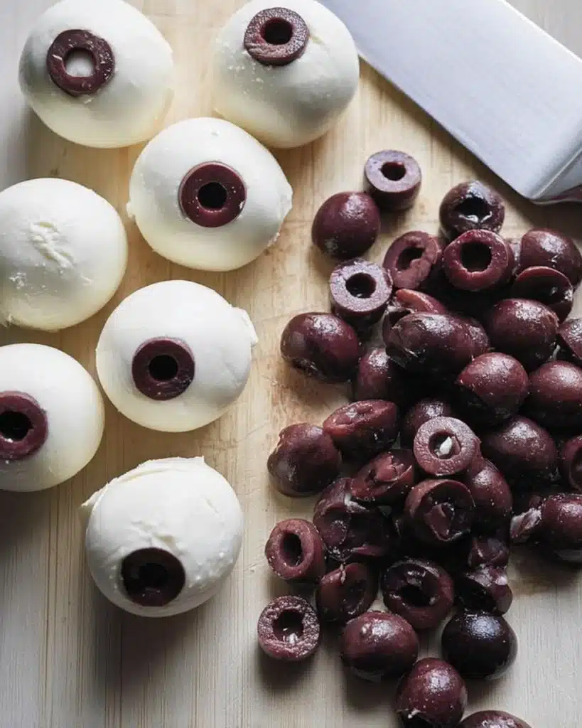 "Mozzarella balls with sliced black olives pressed inside to resemble eyeballs for Halloween appetizer prep"