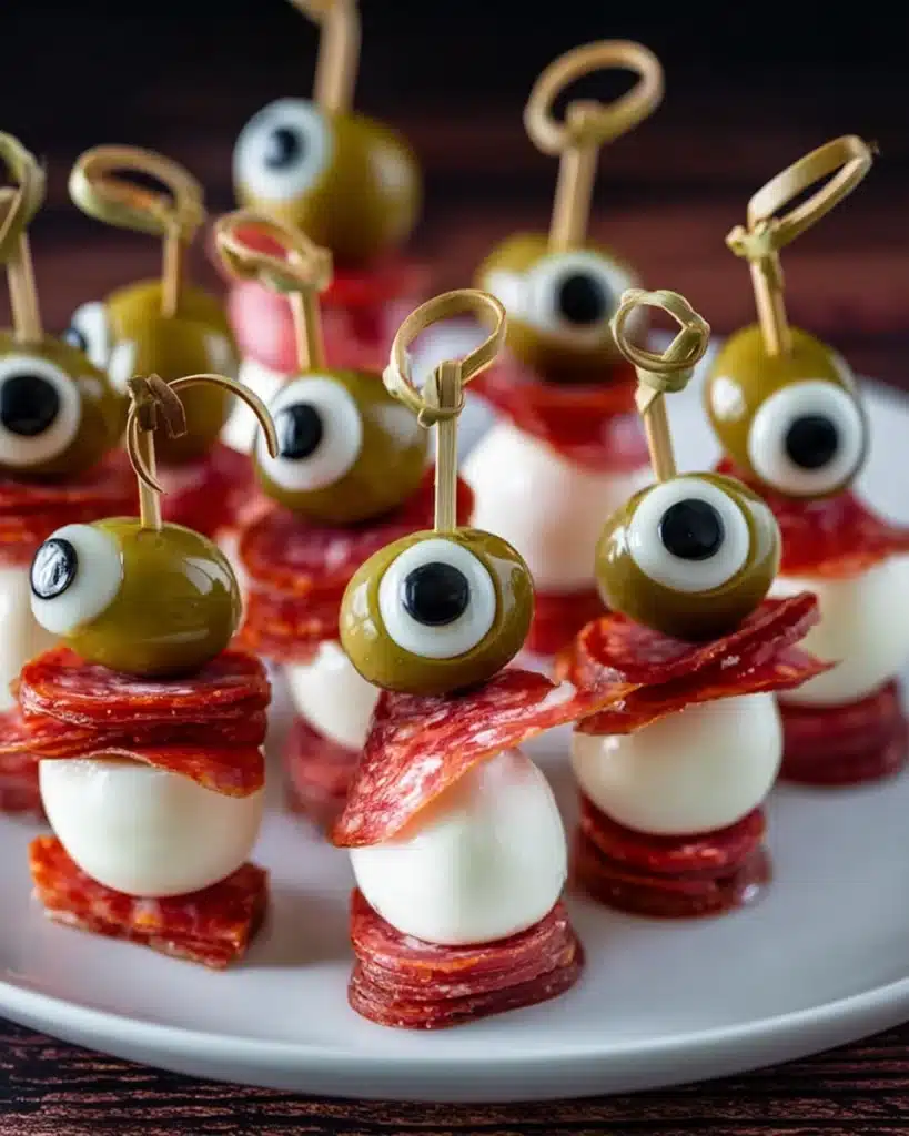 Halloween skewered salami eyeballs with mozzarella, olives, and pepperoni on skewers served on a white plate