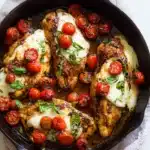 One-pan balsamic chicken in a skillet with mozzarella, cherry tomatoes, and basil