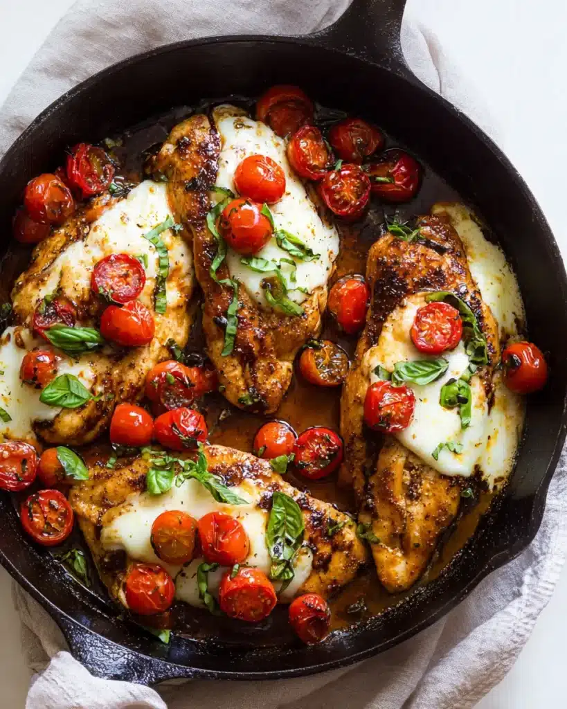 One-pan balsamic chicken in a skillet with mozzarella, cherry tomatoes, and basil
