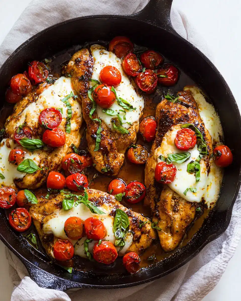 One Pan Balsamic Chicken – Juicy, Flavor-Packed Weeknight Favorite 4 One-pan balsamic chicken in a skillet with mozzarella, cherry tomatoes, and basil