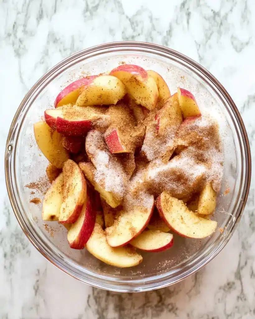 Fresh sliced apples in a glass bowl topped with cinnamon and sugar, ready for baking apple crisp