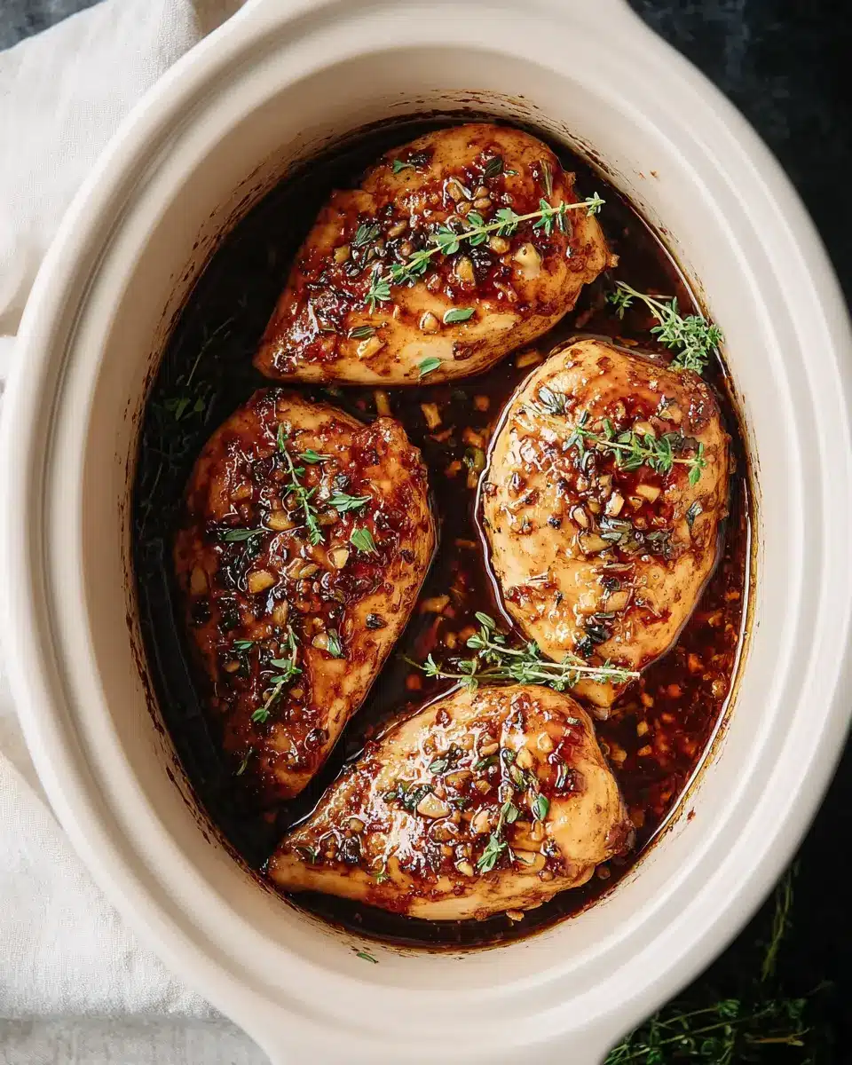 Slow-cooked honey garlic chicken breasts in a crockpot with fresh thyme and sticky glaze.