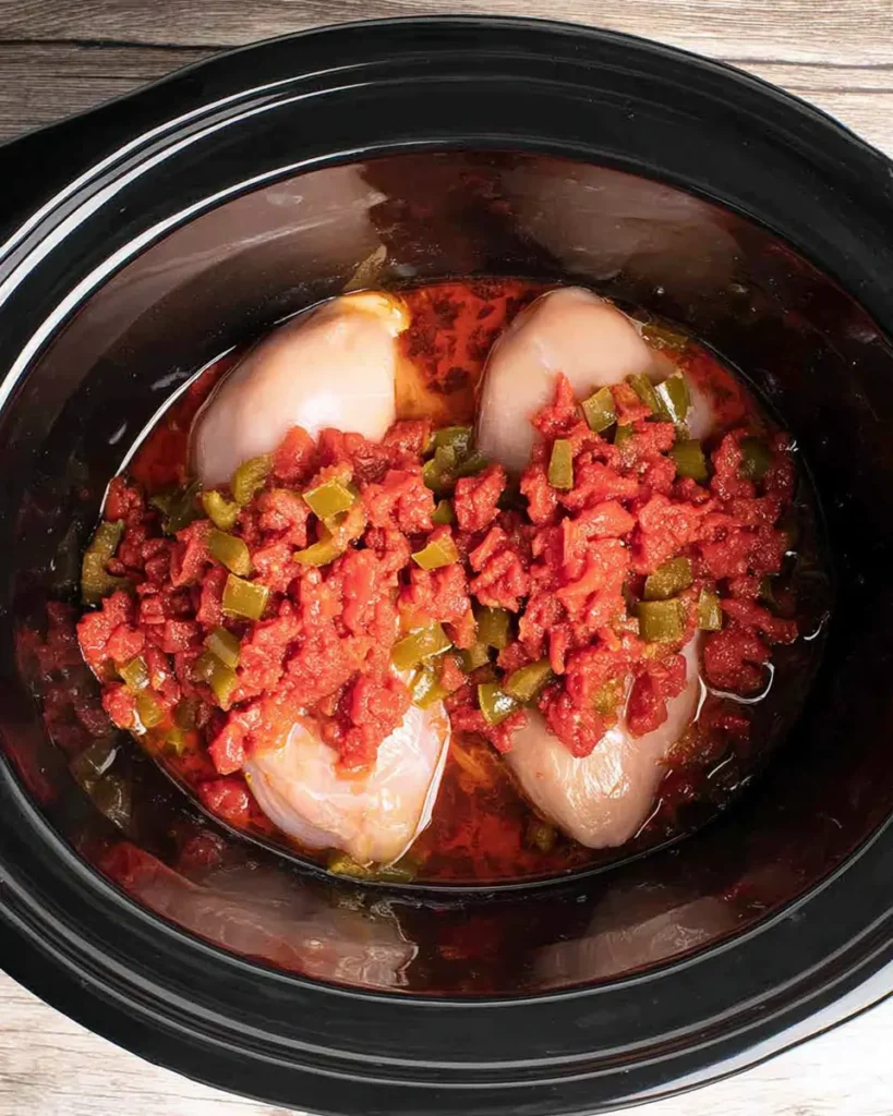 Crockpot Chicken Enchilada Casserole – Easy Cheesy Comfort 11 Raw chicken breasts topped with diced tomatoes and green chiles in a slow cooker, step one for crockpot chicken enchiladas casserole.
