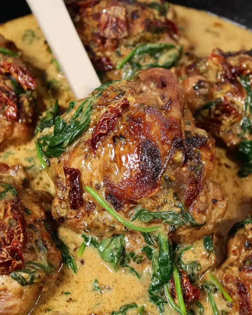 Close-up of creamy Slow Cooker Tuscan Chicken thighs with sun-dried tomatoes and spinach in a rich herb cream sauce