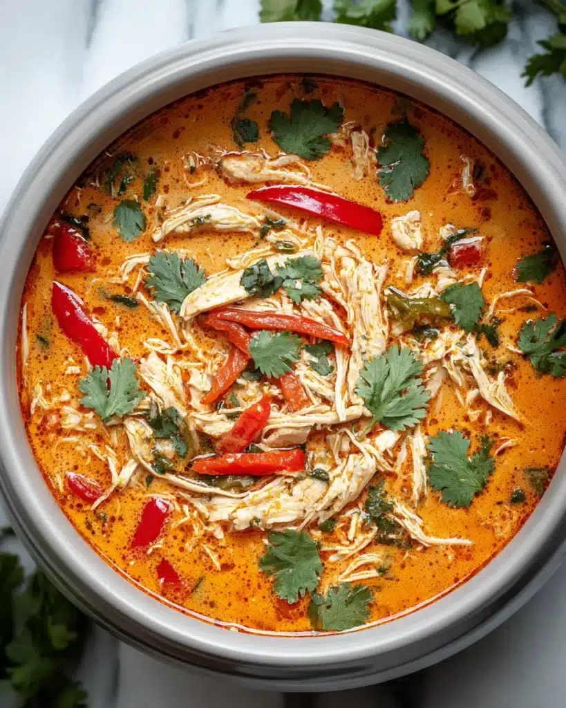 Chicken Corn Chowder (Creamy Crockpot Recipe) 7 Creamy chicken soup with red peppers, green peppers, and cilantro in a vibrant orange broth