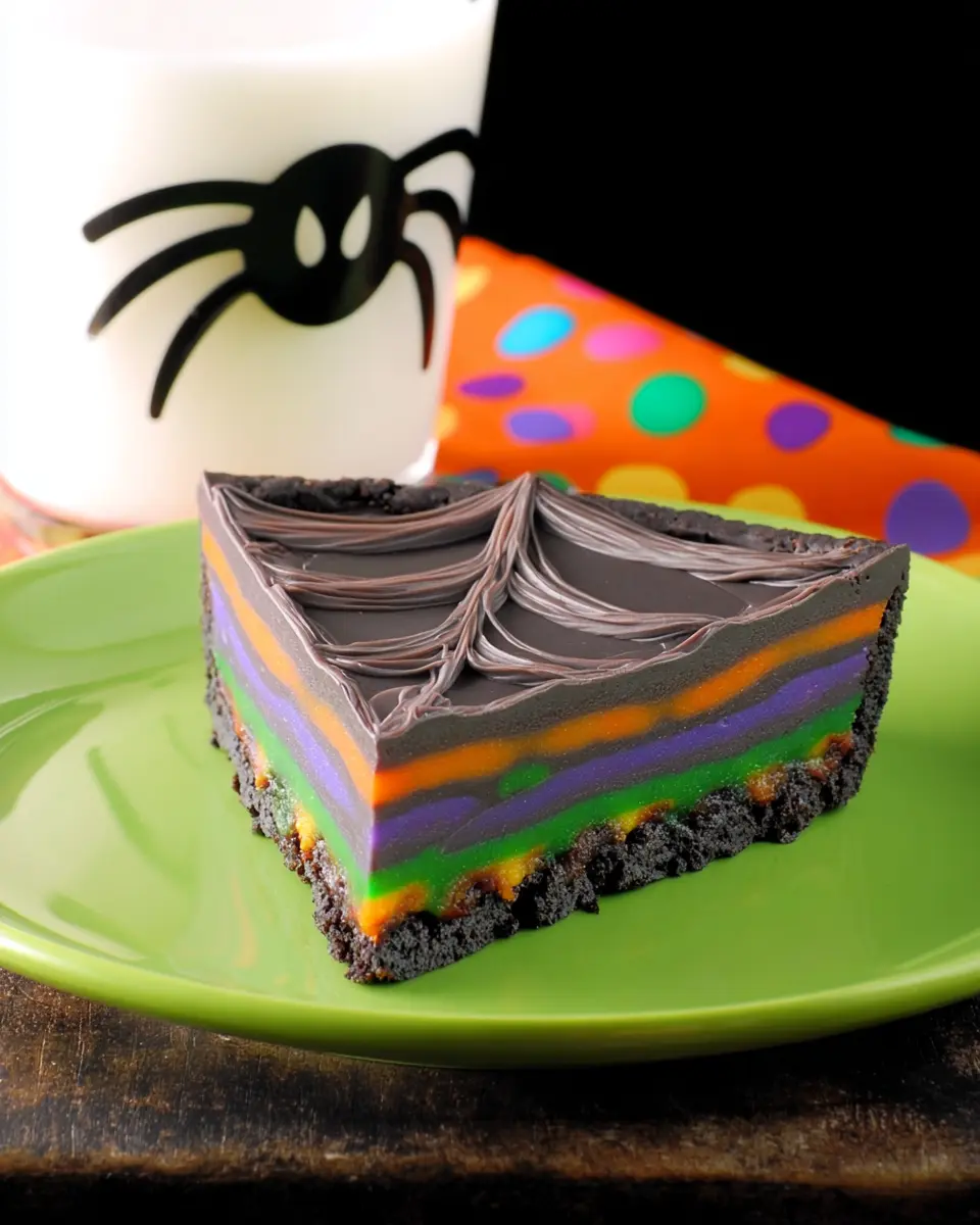 Spiderweb Brownie Tart slice with colorful Halloween layers on green plate with spider-decorated milk glass.