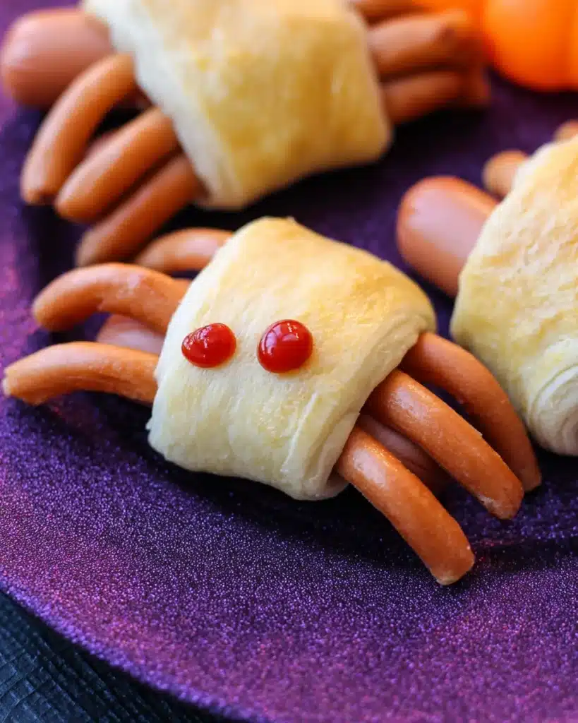 Close-up of spooky spider hot dogs wrapped in golden crescent dough with ketchup eyes on a festive plate.