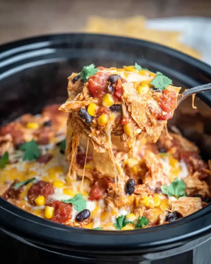 Crockpot Chicken Enchilada Casserole – Cheesy Comfort in Every Bite 10 Spoon lifting cheesy crockpot chicken enchilada casserole with shredded chicken, black beans, corn, tomatoes, and cilantro.