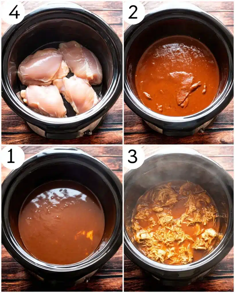 Crockpot Chicken Enchilada Casserole – Cheesy Comfort in Every Bite 9 Step-by-step crockpot chicken enchilada casserole process: raw chicken, sauce added, simmering, and shredded chicken in enchilada sauce.