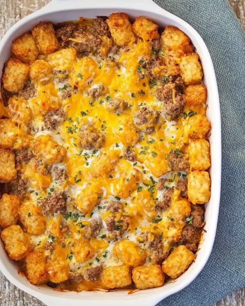 Freshly baked Tater Tot Sausage Breakfast Casserole in a white baking dish topped with golden tots, sausage, and melted cheese.