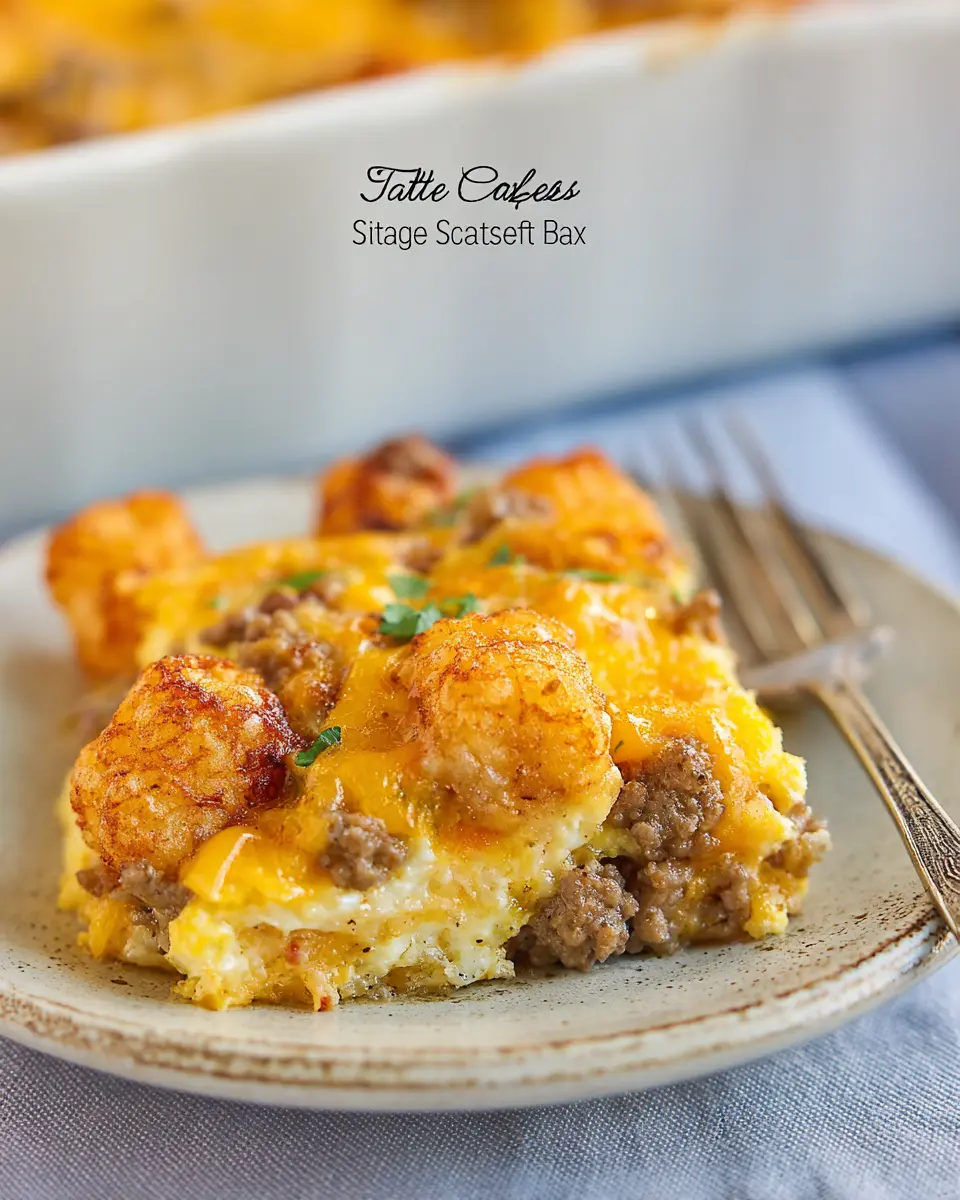 A slice of Tater Tot Sausage Breakfast Casserole with crispy tots, melted cheese, and sausage on a white plate.