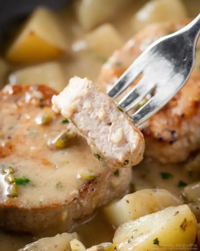 Fork pulling tender pork chop covered in creamy herb gravy with potatoes in background.