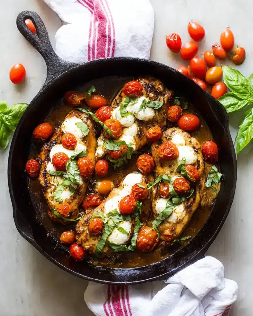 Overhead shot of one-pan balsamic chicken with tomatoes, basil, and mozzarella in cast iron skillet