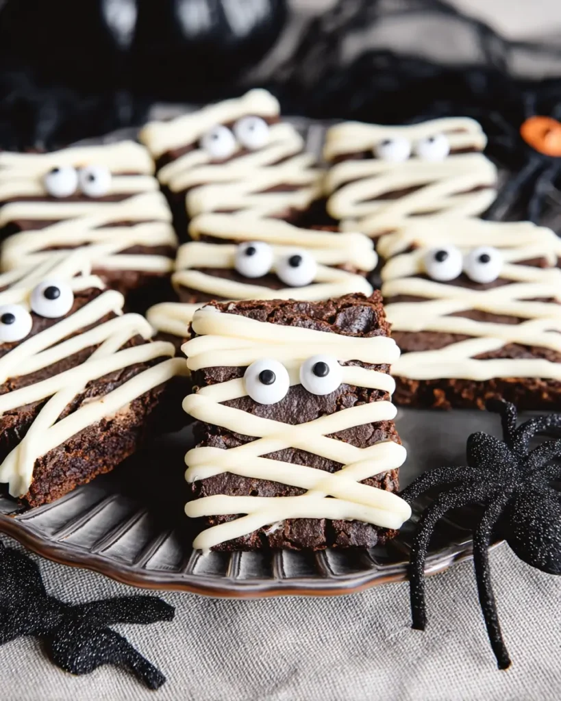Tray of Halloween mummy brownies decorated with white chocolate drizzle and candy eyeballs with black spider decoration