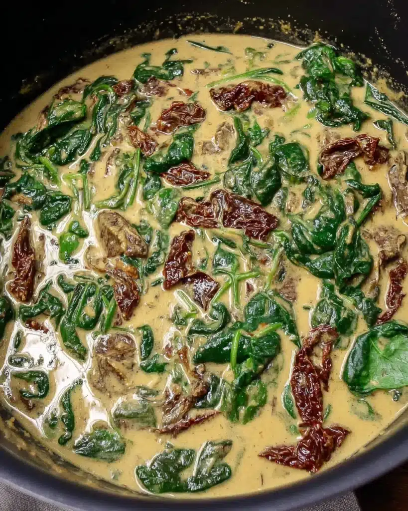 Close-up of creamy Tuscan sauce with spinach and sun-dried tomatoes in a slow cooker