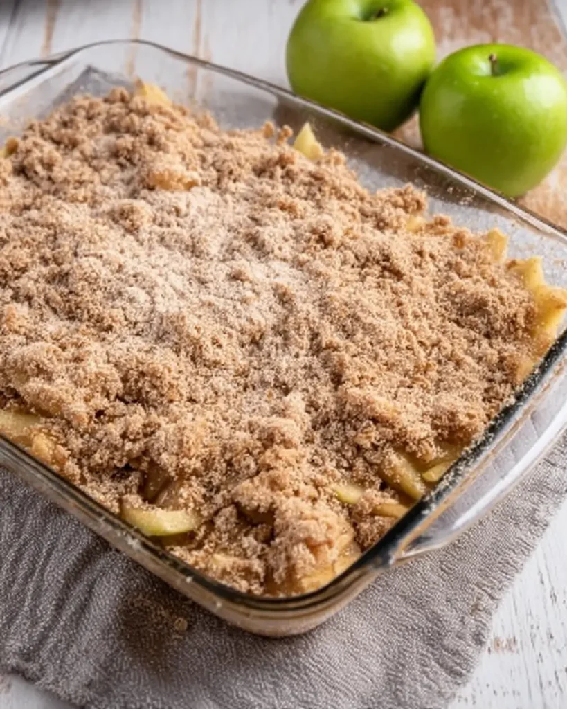 Pioneer Woman Apple Crisp Recipe – Warm, Sweet, and Buttery 12 Unbaked Pioneer Woman Apple Crisp in a glass dish with crumbly oat topping.