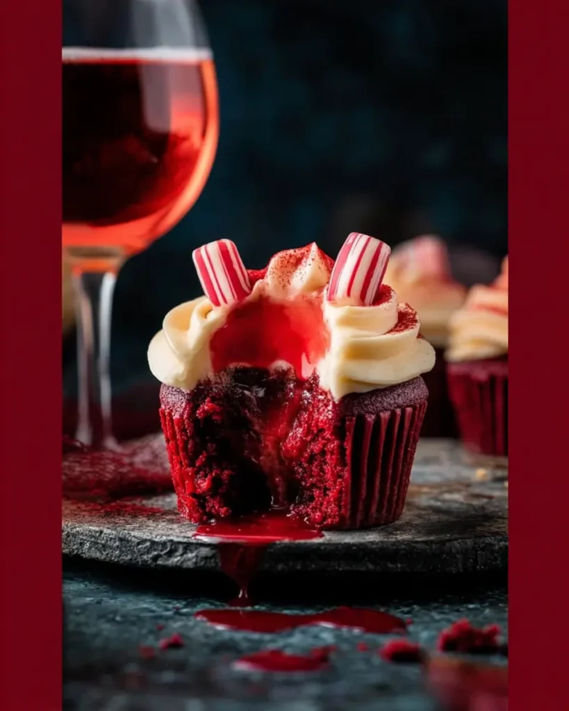 Vampire bite Halloween cupcake with candy straws, ivory frosting, and dripping red filling on a stone plate